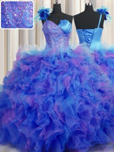 Sexy Handcrafted Flower One Shoulder Sleeveless Tulle Quinceanera Gowns Beading and Ruffles and Hand Made Flower Lace Up