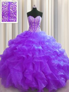 Visible Boning Sleeveless Organza Floor Length Lace Up Ball Gown Prom Dress in Purple with Beading and Ruffles