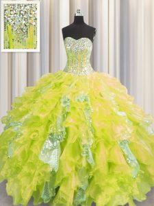 Beautiful Visible Boning Yellow Organza and Sequined Lace Up Sweetheart Sleeveless Floor Length Sweet 16 Quinceanera Dress Beading and Ruffles and Sequins