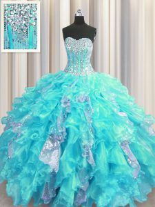 Classical Visible Boning Aqua Blue Lace Up Sweet 16 Quinceanera Dress Beading and Ruffles and Sequins Sleeveless Floor Length