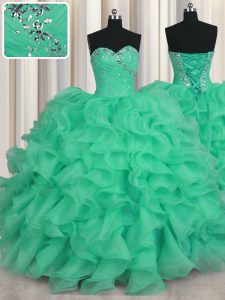 Discount Sleeveless Organza Floor Length Lace Up 15th Birthday Dress in Turquoise with Beading and Ruffles