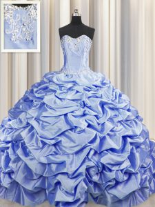 Fancy Brush Train Sleeveless Taffeta Sweep Train Lace Up Sweet 16 Quinceanera Dress in Lavender with Beading and Pick Ups