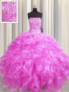Visible Boning Strapless Sleeveless Lace Up 15th Birthday Dress Rose Pink Organza