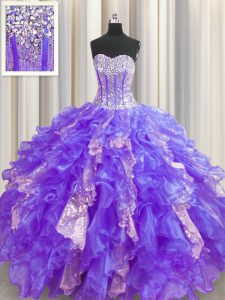 Gorgeous Sequins Visible Boning Floor Length Ball Gowns Sleeveless Purple Sweet 16 Dress Lace Up