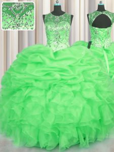 Suitable See Through Floor Length Lace Up Ball Gown Prom Dress for Military Ball and Sweet 16 and Quinceanera with Beading and Ruffles and Pick Ups