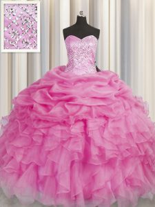 Noble Rose Pink Organza Lace Up Sweetheart Sleeveless Floor Length Ball Gown Prom Dress Beading and Ruffles