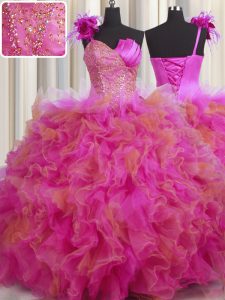 Pretty Handcrafted Flower Multi-color Ball Gowns One Shoulder Sleeveless Tulle Floor Length Lace Up Beading and Ruffles and Hand Made Flower Quinceanera Dresses