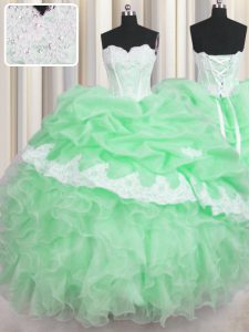 Graceful Green Ball Gowns Beading and Appliques and Ruffles and Pick Ups Quinceanera Gowns Lace Up Organza Sleeveless Floor Length
