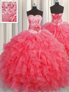 Handcrafted Flower Ruffles and Hand Made Flower Vestidos de Quinceanera Coral Red Lace Up Sleeveless Floor Length
