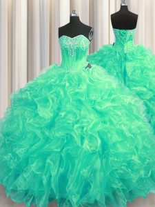Beading and Ruffles Vestidos de Quinceanera Turquoise Lace Up Sleeveless Brush Train
