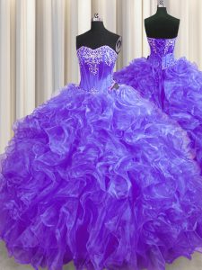 Purple Ball Gowns Beading and Ruffles Quinceanera Dresses Lace Up Organza Sleeveless