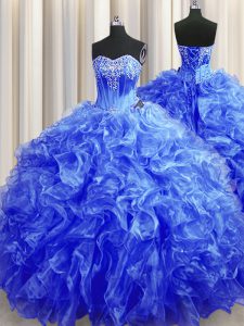Artistic Royal Blue Ball Gowns Organza Sweetheart Sleeveless Beading and Ruffles Lace Up Quinceanera Dress Sweep Train