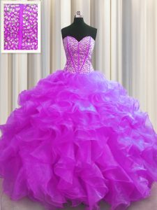 Amazing Visible Boning Fuchsia Sleeveless Floor Length Beading and Ruffles Lace Up Sweet 16 Quinceanera Dress