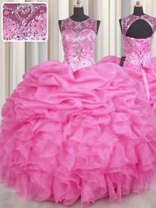 See Through Rose Pink Ball Gowns Scoop Sleeveless Organza Floor Length Lace Up Beading and Ruffles and Pick Ups Quince Ball Gowns