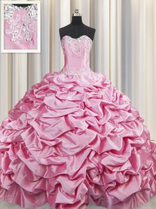 Rose Pink Ball Gowns Sweetheart Sleeveless Taffeta Brush Train Lace Up Beading and Pick Ups Quinceanera Dresses