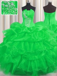 Green Strapless Neckline Beading and Ruffled Layers and Pick Ups Quince Ball Gowns Sleeveless Lace Up