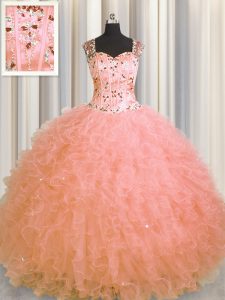 Great See Through Zipper Up Watermelon Red Straps Neckline Beading and Ruffles Ball Gown Prom Dress Sleeveless Zipper