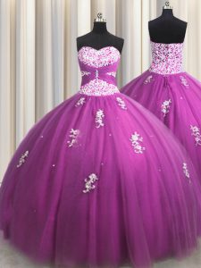 Lovely Floor Length Lace Up Quinceanera Dresses Fuchsia for Military Ball and Sweet 16 and Quinceanera with Beading and Appliques