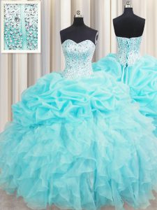 Hot Selling Visible Boning Sleeveless Floor Length Beading and Ruffles and Pick Ups Lace Up Quinceanera Dresses with Aqua Blue