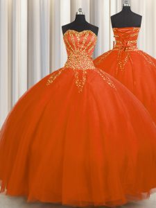 Elegant Really Puffy Red Ball Gowns Beading Quinceanera Gowns Lace Up Tulle Sleeveless Floor Length