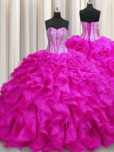 Visible Boning Fuchsia Sleeveless Beading and Ruffles Lace Up Quinceanera Gown