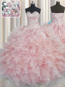 Bling-bling Sleeveless Floor Length Beading and Ruffles Lace Up Vestidos de Quinceanera with Pink