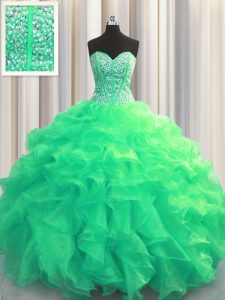 Edgy Visible Boning Organza Sweetheart Sleeveless Lace Up Beading and Ruffles Quinceanera Dress in Turquoise
