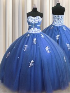 On Sale Royal Blue Ball Gowns Tulle Sweetheart Sleeveless Beading and Appliques Floor Length Lace Up Sweet 16 Dress
