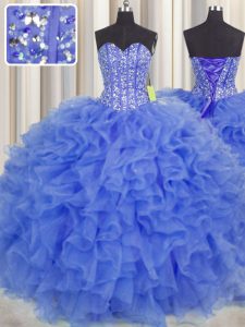 Visible Boning Sweetheart Sleeveless Lace Up Quinceanera Dresses Blue Organza
