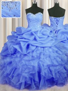 Deluxe Blue Sweetheart Lace Up Beading and Ruffles and Ruching and Pick Ups Quinceanera Gown Sleeveless