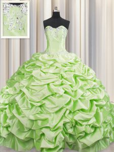 Most Popular Pick Ups Brush Train Yellow Green Sleeveless Taffeta Sweep Train Lace Up Vestidos de Quinceanera for Military Ball and Sweet 16 and Quinceanera