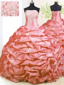 On Sale Pick Ups With Train Pink Ball Gown Prom Dress Strapless Sleeveless Sweep Train Lace Up