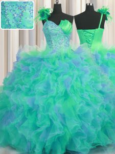 Handcrafted Flower Multi-color Quinceanera Gown Military Ball and Sweet 16 and Quinceanera and For with Beading and Ruffles and Hand Made Flower One Shoulder Sleeveless Lace Up