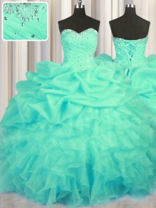 Turquoise Lace Up Ball Gown Prom Dress Beading and Ruffles and Ruching and Pick Ups Sleeveless Floor Length