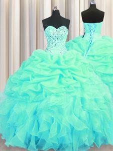 Captivating Turquoise Sweetheart Lace Up Beading and Ruffles and Pick Ups Quinceanera Gown Sleeveless
