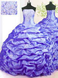 Hot Sale Lavender Ball Gowns Strapless Sleeveless Taffeta With Train Sweep Train Lace Up Beading and Pick Ups Party Dress Wholesale