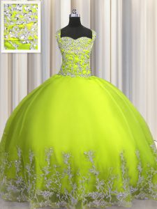 Modest Yellow Green Tulle Lace Up Quinceanera Dresses Sleeveless Floor Length Beading and Appliques