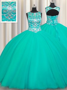 Wonderful Turquoise Ball Gowns Scoop Sleeveless Tulle Floor Length Lace Up Appliques Quinceanera Gowns