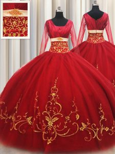 Noble Tulle Square Long Sleeves Zipper Beading and Embroidery Quince Ball Gowns in Red