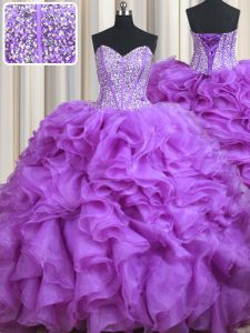 Vintage Lilac Sleeveless Organza Sweep Train Lace Up Sweet 16 Quinceanera Dress for Military Ball and Sweet 16 and Quinceanera