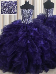 Purple Organza Lace Up Sweetheart Sleeveless With Train Sweet 16 Quinceanera Dress Brush Train Beading and Ruffles