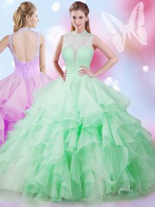 Apple Green Ball Gowns Beading and Ruffles Quinceanera Dress Lace Up Tulle Sleeveless Floor Length
