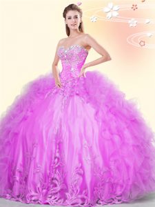 Vintage Lilac Lace Up Sweetheart Beading and Appliques and Ruffles Quinceanera Dresses Tulle Sleeveless