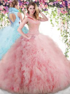 Ideal Floor Length Baby Pink Sweet 16 Dress High-neck Sleeveless Backless