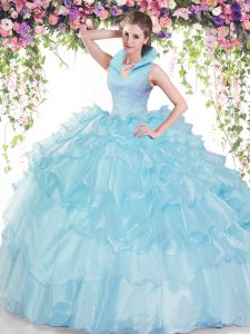 Sleeveless Organza Floor Length Backless 15 Quinceanera Dress in Baby Blue with Beading and Ruffled Layers