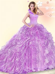 Lilac Ball Gown Prom Dress High-neck Sleeveless Brush Train Backless