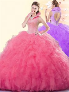 Backless Tulle Sleeveless Floor Length Sweet 16 Dress and Beading and Ruffles