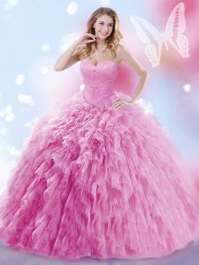 Free and Easy Lace Up Sweet 16 Dress Rose Pink for Military Ball and Sweet 16 and Quinceanera with Beading and Ruffles Brush Train