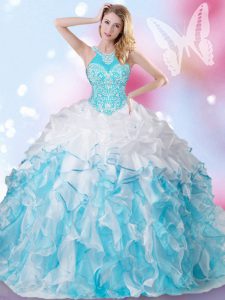 Blue And White Halter Top Lace Up Beading and Ruffles and Pick Ups Sweet 16 Quinceanera Dress Sleeveless