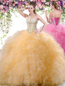 Unique Floor Length Lace Up Sweet 16 Dress Gold for Military Ball and Sweet 16 and Quinceanera with Beading and Ruffles
